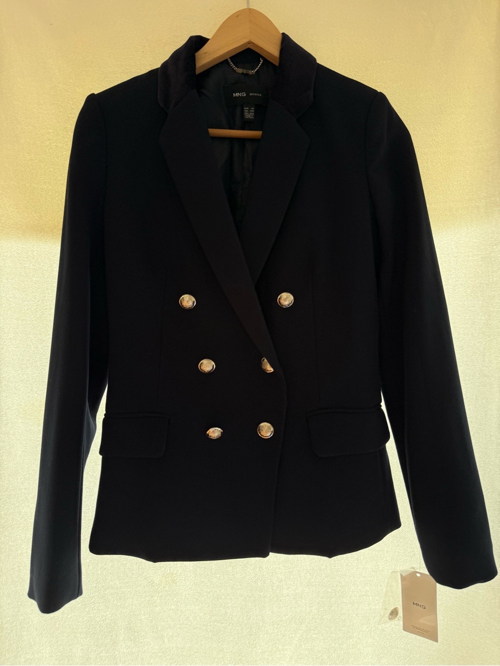Mango Navy Double-Breasted Blazer with Velvet Collar New with Tag